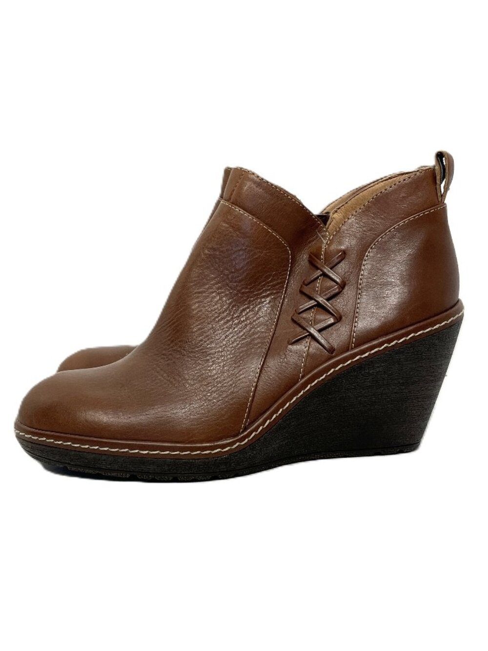 Sofft Ankle Boots Womens 9 M Brown Leather X Accent Side Zip Wedge Heel Booties